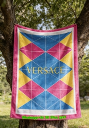 Versace Hot Pink Blue Yellow Geometric Diamond Print Flannel Sofa Throw Blanket IMG_1657